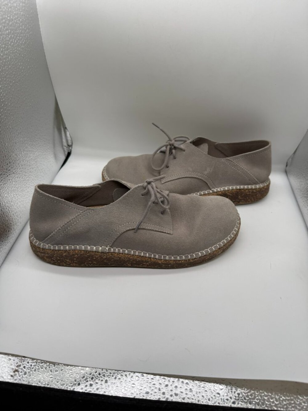 Birkenstock Size 39 Gray Taupe Suede Lace-Up Shoes Cork Sole - Picture 6 of 11